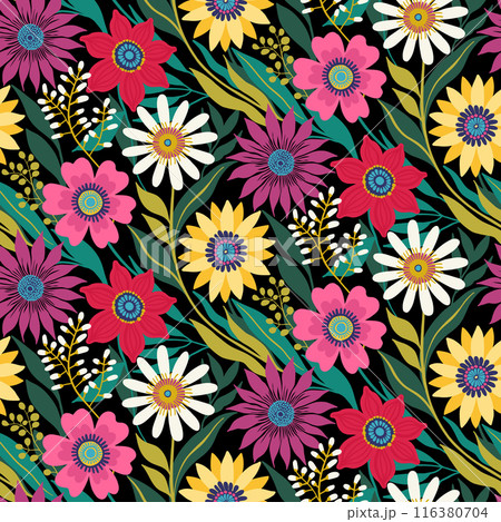 Half drop Floral Seamless Pattern of Fantasy Flowers in Green, Yellow, White, Blue, Purple and Pink Colors on Black. Wallpaper Design for Textiles, Papers, Prints, Fashion, Beauty Products, Wrappings. 116380704