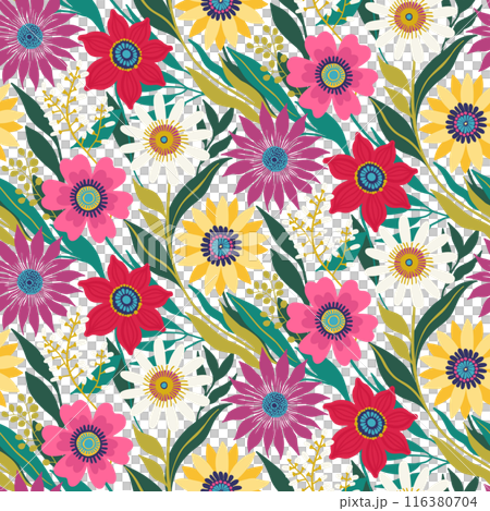 Half drop Floral Seamless Pattern of Fantasy Flowers in Green, Yellow, White, Blue, Purple and Pink Colors on Black. Wallpaper Design for Textiles, Papers, Prints, Fashion, Beauty Products, Wrappings. 116380704