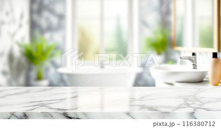 white marble table in modern bathroom for display product white marble table in modern bathroom for display product 116380712
