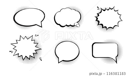 Collection of empty comic speech bubbles with halftone shadows. Hand drawn retro cartoon stickers. Pop art style. 116381183
