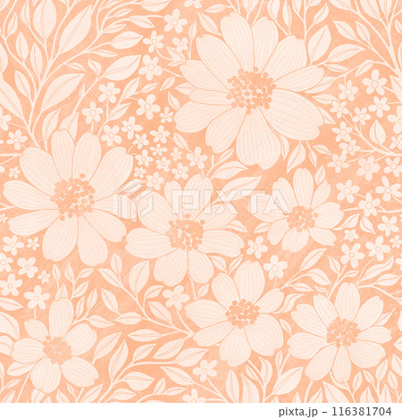Floral Seamless Pattern ofPastel Peach Flowers and Leaves with Texture, Great for Textiles, Surfaces, Wallpapers, Wrapping Papers, Fabrics, Prints, Package Design, Fashion, Beauty Products 116381704