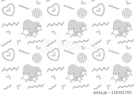 A Memphis style vector coloring page with retro hearts, stars, zigzags, and waves. Perfect for creative and relaxing activities. 116381705