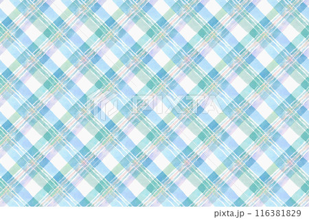 水彩画の青と水色のチェック柄シームレスパターン背景イラスト 116381829