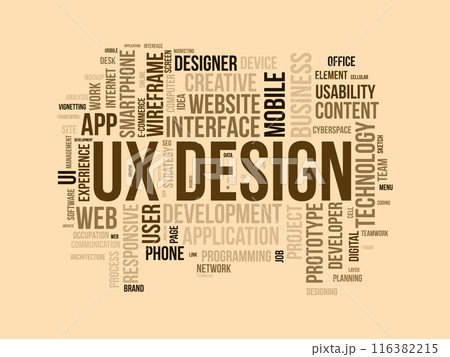 Ux Design wordcloud template. Web Business concept vector background. Ux Design wordcloud template. Web Business concept vector background. 116382215