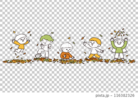 Illustration of kids playing with fallen leaves 116382326