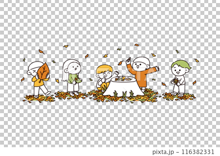 Illustration of kids playing with fallen leaves and acorns Illustration of kids playing with fallen leaves and acorns 116382331