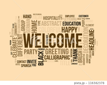 Welcome wordcloud template. Greeting concept vector background. 116382378