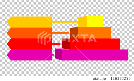 Infographic of purple with red with orange and yellow square box divided and cut into four and space for text, Pyramid shape made of four layers for presenting business ideas or disparity and statist 116383259