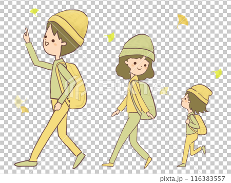 Illustration of a family walking among ginkgo trees 116383557