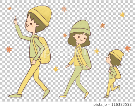 Illustration of a family walking through autumn leaves 116383558