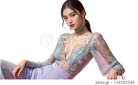 ポーズをとったオシャレなファッションモデルの女性(背景透過)アルファチャンネル付PNG　AI生成 116383594