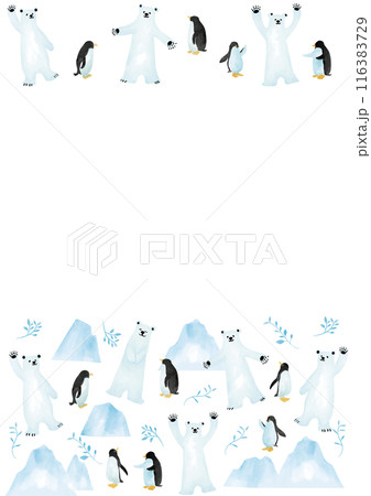 水彩風　氷と白熊とペンギン　フレーム　縦 116383729