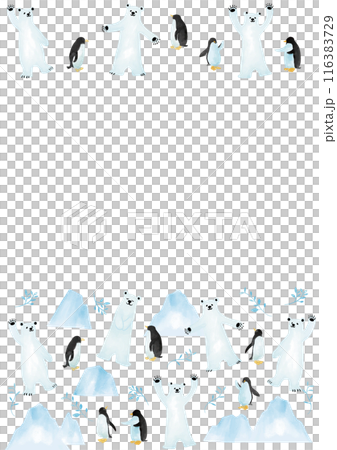 水彩風　氷と白熊とペンギン　フレーム　縦 116383729