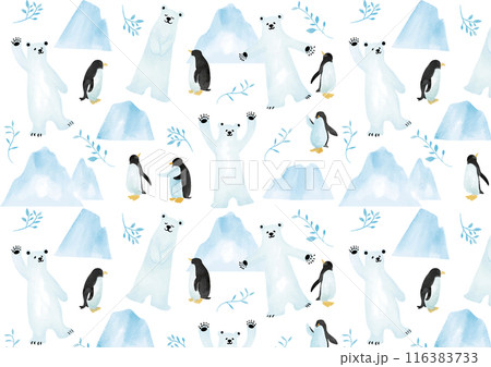 水彩風　氷と白熊とペンギン　パターン 116383733