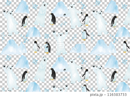 水彩風　氷と白熊とペンギン　パターン 116383733
