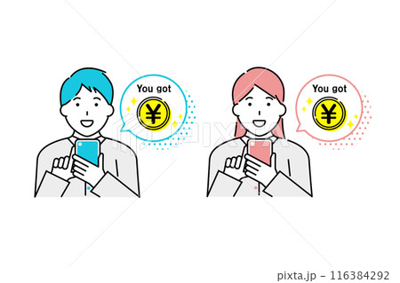 スマホでお金を稼ぐ男性と女性のイラスト 116384292