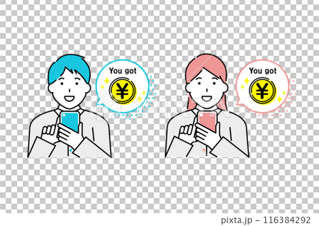 スマホでお金を稼ぐ男性と女性のイラスト 116384292