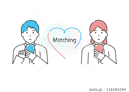 スマホでマッチングアプリを利用する男性と女性のイメージイラスト 116384294
