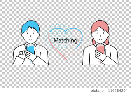 スマホでマッチングアプリを利用する男性と女性のイメージイラスト 116384294