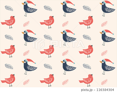 Doodlle Christmas Seamless Pattern for Hand drawn Bird. Winter holiday Wallpaper backdrop. Xmas retro white and red color present wrapping print design. Vector 116384304