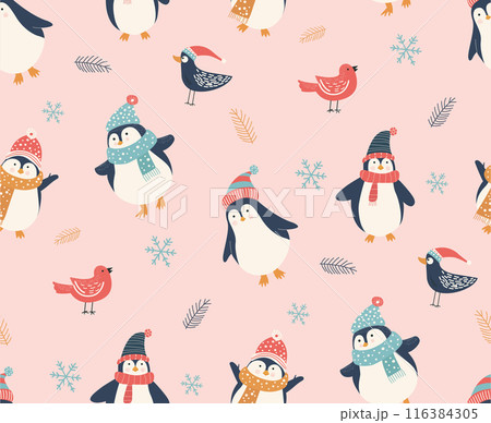 Christmas Seamless Pattern with cute Penguin and Bird decoration, pink background for banners, wallpapers, wrapping, textiles -hand drawn vector design Christmas Seamless Pattern with cute Penguin and Bird decoration, pink background for banners, wallpapers, wrapping, textiles -hand drawn vector design 116384305