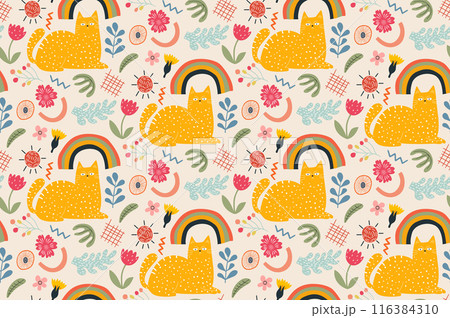 Vibrant Funky Doodle style Cat design with Rainbow and Flowers for kids Seamless Pattern. Decorative abstract horizontal banner with Hand Drawn colorful element shape. Childrens Cute animal kitten set Vibrant Funky Doodle style Cat design with Rainbow and Flowers for kids Seamless Pattern. Decorative abstract horizontal banner with Hand Drawn colorful element shape. Childrens Cute animal kitten set 116384310