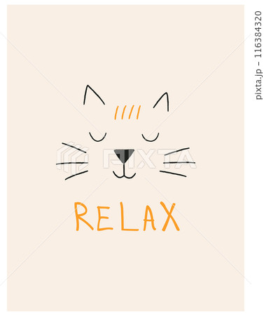 Hand drawn vector illustration of a cute funny sleeping cat curled up in a ball, with quote Relax. Doodle Isolated objects. Line drawing. Design concept for t-shirt prin Hand drawn vector illustration of a cute funny sleeping cat curled up in a ball, with quote Relax. Doodle Isolated objects. Line drawing. Design concept for t-shirt prin 116384320