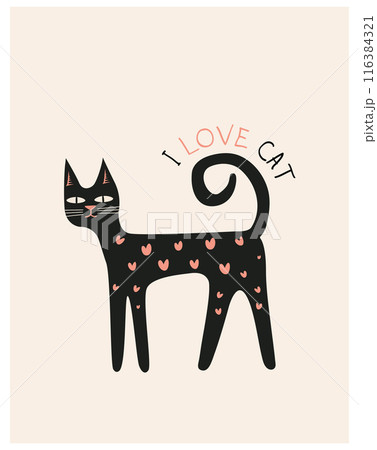 Hand drawn card, banner with cute cat text I Love cat. Vector illustration. Doodle style drawing. Isolated on white. Design concept for holiday print, invite, gift tag. Childrens cute greeting card Hand drawn card, banner with cute cat text I Love cat. Vector illustration. Doodle style drawing. Isolated on white. Design concept for holiday print, invite, gift tag. Childrens cute greeting card 116384321