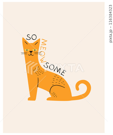 Hand drawn vector illustration of a kawaii funny cat. Isolated objects on white background. Doodle style drawing. Design concept for children print. Childrens cute greeting card 116384323
