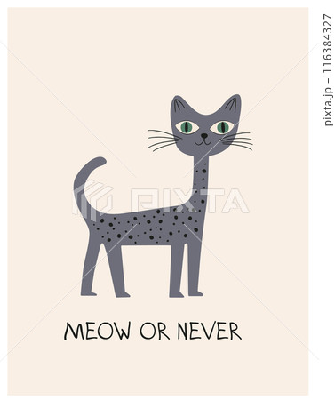 Doodle cards with cute color Hand drawn cat, funny quotes for cat lovers. Art drawing vector illustration. Design for poster, t-shirt, fashion print. Lazy, animal kitten. Childrens cute greeting card 116384327