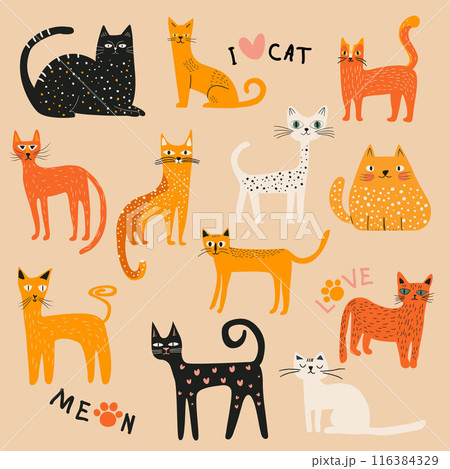 Cute kid Scribble Doodle cat set. Hand drawn doodle sketch childish element collection. Children draw style design elements background. Vector illustration Childrens cute animal set. 116384329