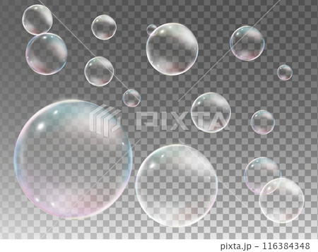 Realistic vector soap bubble. Soap bubble png, glare. Foam bubbles png. Powder, soap, detergent. Vector image. Colorful magical fantasy dreamy bubble. Set of multicolored transparent bubble. 116384348