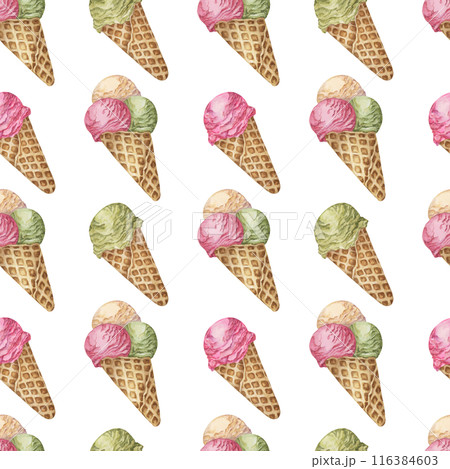 Ice cream scoops in the waffle cone seamless pattern. Three flavors clipart with green pink and cream colors. Dessert watercolor print for textile, wallpaper, napkins, ice cream parlor design, covers 116384603