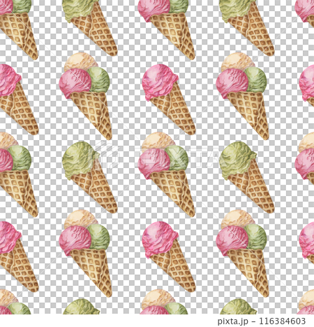 Ice cream scoops in the waffle cone seamless pattern. Three flavors clipart with green pink and cream colors. Dessert watercolor print for textile, wallpaper, napkins, ice cream parlor design, covers 116384603