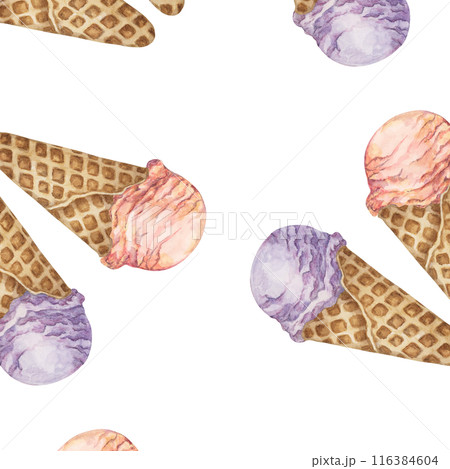 Ice cream scoops in the waffle cone seamless pattern. Lavender, ube, violet and sakura, rose or lychee flavors treat clipart. Dessert watercolor print for textile, wallpaper, napkin, cafe design Ice cream scoops in the waffle cone seamless pattern. Lavender, ube, violet and sakura, rose or lychee flavors treat clipart. Dessert watercolor print for textile, wallpaper, napkin, cafe design 116384604
