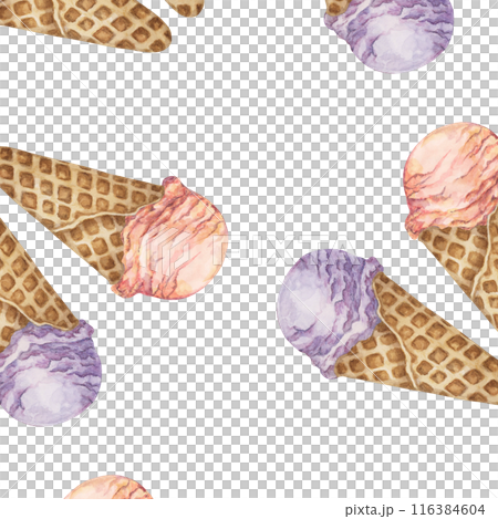 Ice cream scoops in the waffle cone seamless pattern. Lavender, ube, violet and sakura, rose or lychee flavors treat clipart. Dessert watercolor print for textile, wallpaper, napkin, cafe design Ice cream scoops in the waffle cone seamless pattern. Lavender, ube, violet and sakura, rose or lychee flavors treat clipart. Dessert watercolor print for textile, wallpaper, napkin, cafe design 116384604