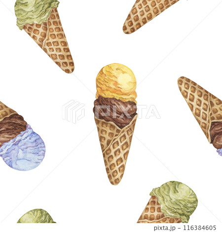 Colorful ice cream seamless pattern. Bubblegum, chocolate, banana, lemon, pistachio or matcha flavors in retro style. Watercolor clipart for printing, textile, apparel, wrapping paper, scrapbooking Colorful ice cream seamless pattern. Bubblegum, chocolate, banana, lemon, pistachio or matcha flavors in retro style. Watercolor clipart for printing, textile, apparel, wrapping paper, scrapbooking 116384605
