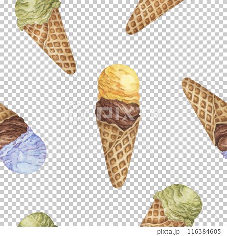 Colorful ice cream seamless pattern. Bubblegum, chocolate, banana, lemon, pistachio or matcha flavors in retro style. Watercolor clipart for printing, textile, apparel, wrapping paper, scrapbooking 116384605