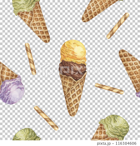 Retro 50ies style ice cream waffle cones seamless pattern. Pastel colors Watercolor clipart of yellow, chocolate, green and lavender scoops. Design for textile, scrapbooking, clothes, wrapping paper 116384606