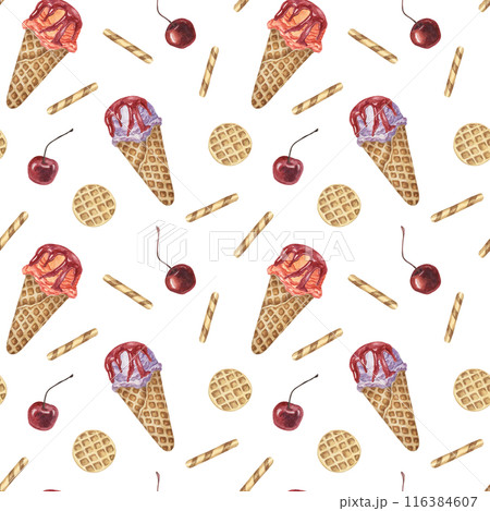 Ice cream cones, waffles and cherries watercolor seamless pattern. Whimsical hand painted clipart for textiles, wallpaper, packaging. Sweet dessert theme fabric for summer decor and scrapbooking 116384607