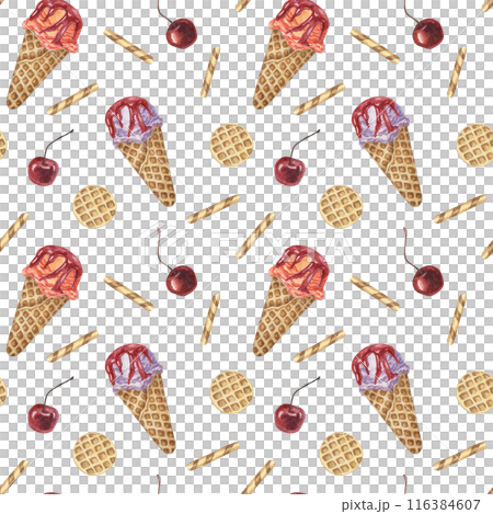 Ice cream cones, waffles and cherries watercolor seamless pattern. Whimsical hand painted clipart for textiles, wallpaper, packaging. Sweet dessert theme fabric for summer decor and scrapbooking 116384607