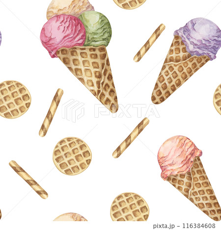 Ice cream in whimsical pastel colors seamless pattern. Retro 1950s watercolor confectionary clipart. Dessert backdrop design for textile, wrapping paper, scrapbooking, gelato or sorbet packaging 116384608