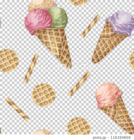 Ice cream in whimsical pastel colors seamless pattern. Retro 1950s watercolor confectionary clipart. Dessert backdrop design for textile, wrapping paper, scrapbooking, gelato or sorbet packaging 116384608