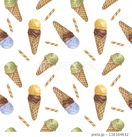 Retro style ice cream waffle cones seamless pattern. Pastel colors Watercolor clipart of yellow, chocolate, green and blue scoops. Design for printing, textile, scrapbooking, clothes, wrapping paper 116384612