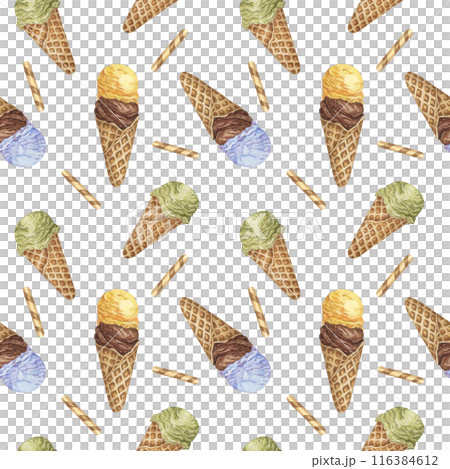 Retro style ice cream waffle cones seamless pattern. Pastel colors Watercolor clipart of yellow, chocolate, green and blue scoops. Design for printing, textile, scrapbooking, clothes, wrapping paper 116384612