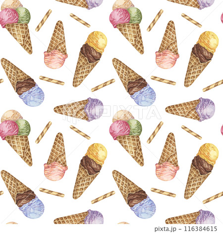Ice cream cones and waffles watercolor seamless pattern. Whimsical pastel colored dessert clipart for textiles, wallpaper, packaging. Sweet candy theme fabric for summer decor and scrapbooking Ice cream cones and waffles watercolor seamless pattern. Whimsical pastel colored dessert clipart for textiles, wallpaper, packaging. Sweet candy theme fabric for summer decor and scrapbooking 116384615