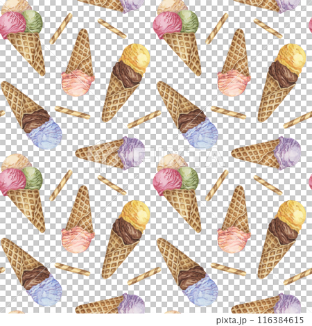Ice cream cones and waffles watercolor seamless pattern. Whimsical pastel colored dessert clipart for textiles, wallpaper, packaging. Sweet candy theme fabric for summer decor and scrapbooking Ice cream cones and waffles watercolor seamless pattern. Whimsical pastel colored dessert clipart for textiles, wallpaper, packaging. Sweet candy theme fabric for summer decor and scrapbooking 116384615