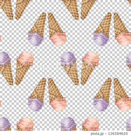 Ice cream scoops in the waffle cone seamless pattern. Lavender, ube, violet and sakura, rose or lychee flavors treat clipart. Dessert watercolor print for textile, wallpaper, napkin, cafe design 116384620