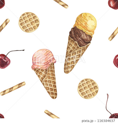 Ice cream cones, waffles and cherries watercolor seamless pattern. Whimsical hand painted clipart for textiles, wallpaper, packaging. Sweet dessert theme fabric for summer decor and scrapbooking 116384637