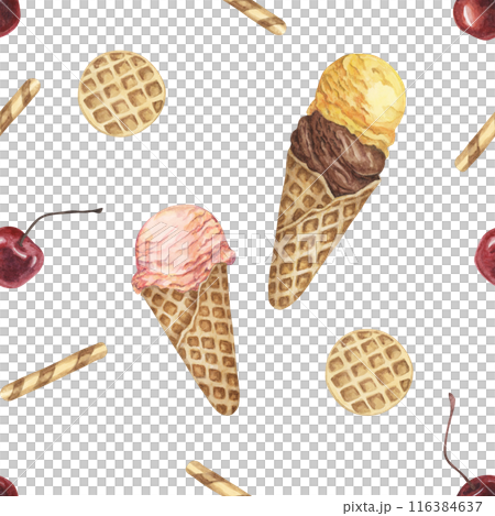 Ice cream cones, waffles and cherries watercolor seamless pattern. Whimsical hand painted clipart for textiles, wallpaper, packaging. Sweet dessert theme fabric for summer decor and scrapbooking 116384637